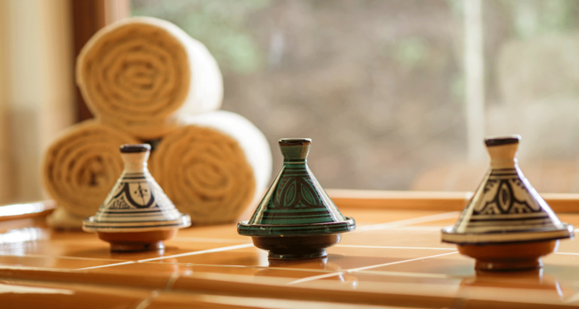 Handpainted clay tagines. Photograph by Walter Shintani.