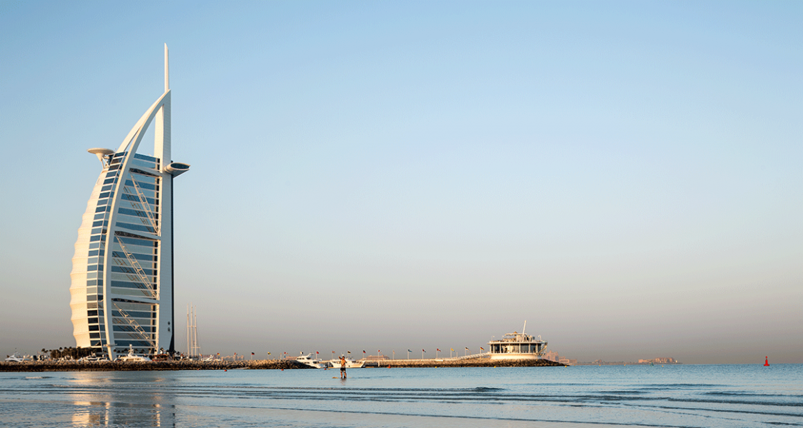 A bridge connects the hotel's private island to Jumeirah Beach. Photograph by Walter Shintani.