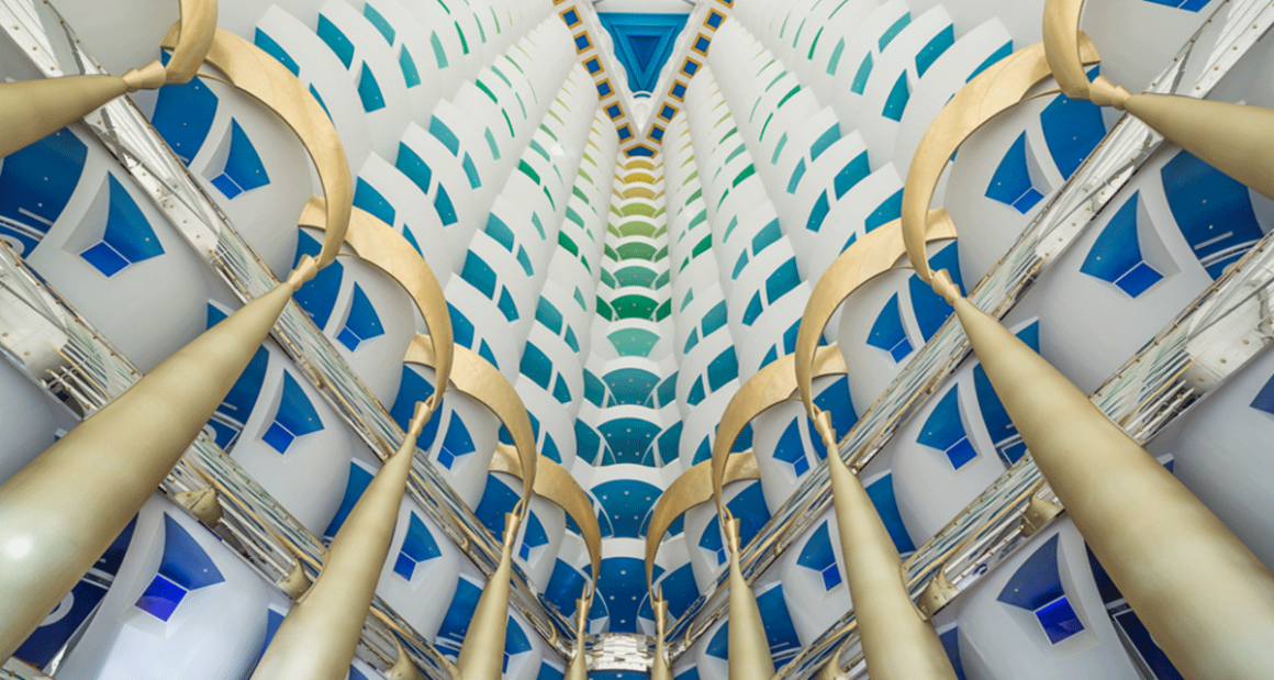  Looking up into the iconic glass-walled atrium. Photograph by Walter Shintani.