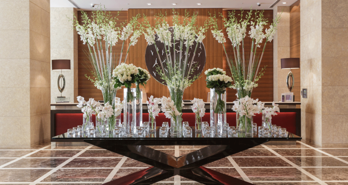A dramatic arrangement of orchids in the lobby. Photograph by Walter Shintani.