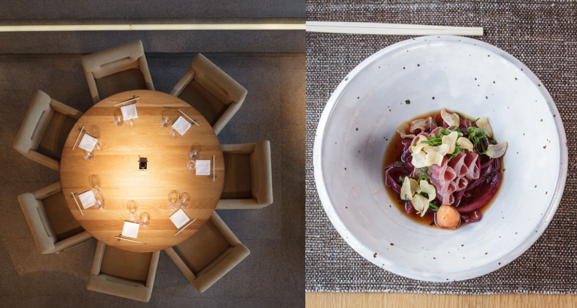 A table setting and an artfully composed dish of sliced seared tuna, chilli daikon, and ponzu sauce. Photograph by Walter Shintani.