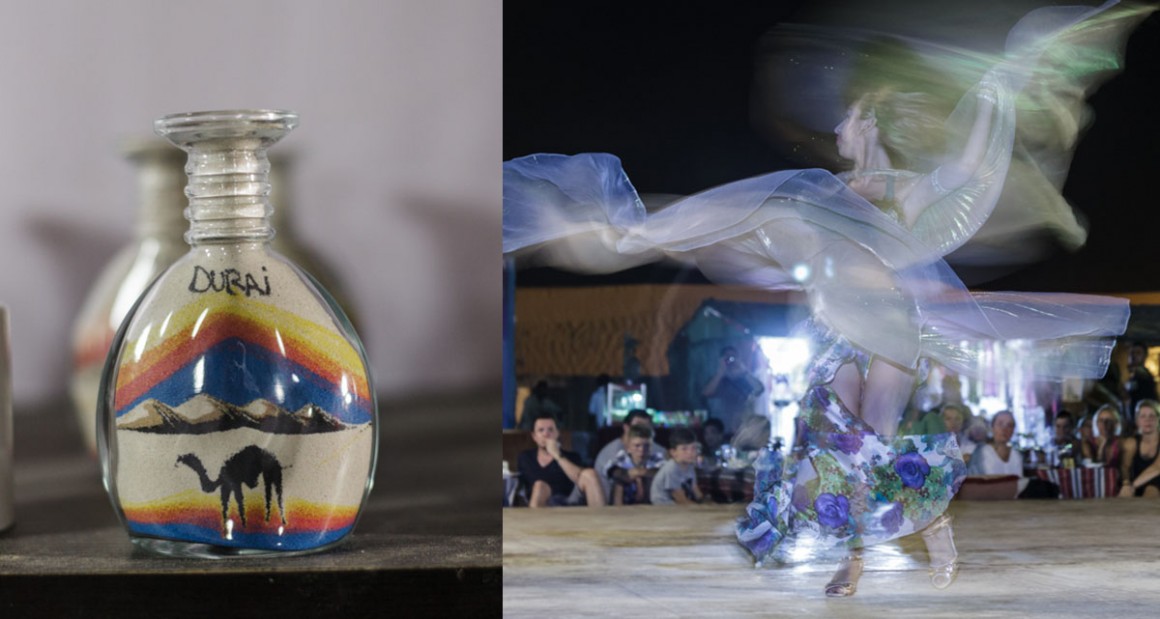 A sand art souvenir and a belly dancer by firelight. Photograph by Walter Shintani.